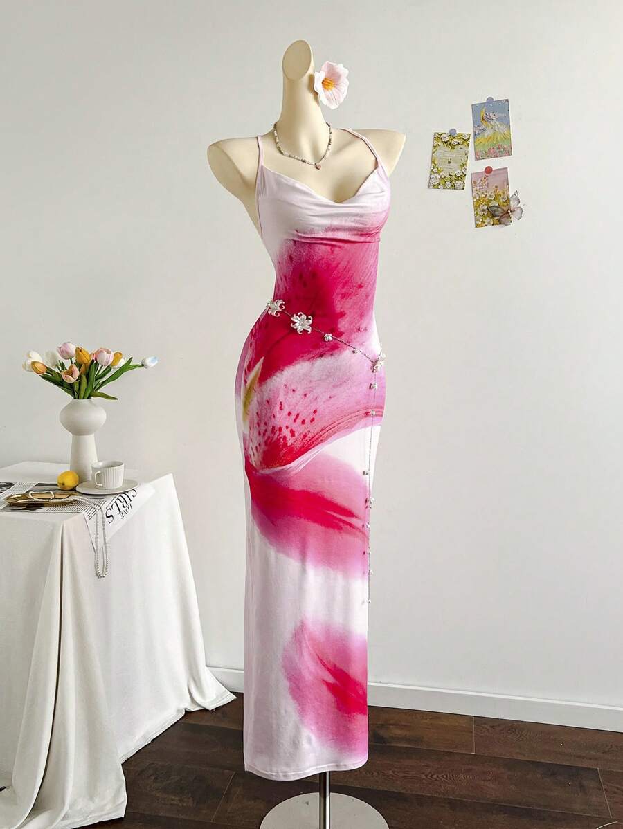 Soleia 女士度假花卉印花低胸露背系带长裙，休闲性感连衣裙，适合夏季度假、约会、下午茶、海滩、游轮、公路旅行、音乐节、波西米亚风度假 - 淺粉色 - 查看 1