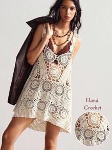 Bohemela 女士花卉镂空无袖低领针织度假连衣裙 - 杏色 - 查看 1