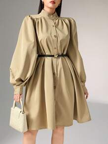 Heiryn 蝴蝶结腰身喇叭灯笼袖高端女式外套，适合秋季穿着 - 卡其色 - 查看 2