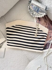 Skyraze 女士时尚条纹抹胸短款针织上衣 - 杏色 - 查看 3