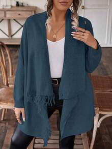 1 件女士加大码纯色长袖不对称流苏开衫，适合秋冬季 - 藍色 - 查看 5