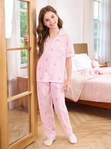 粉色心形条纹荷叶边领短袖和裤子女童睡衣套装 - 淺粉色 - 查看 4