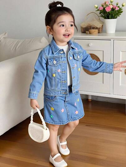 Elladie kids Baby Girls 2 Pieces Denim Set, Autumn/Winter New Arrival, Adorable Whimsical Style, Fashionable Fit, Denim Blue Washed Denim Jacket And Skirt Set, Colorful Floral Embroidery Suitable For Outings And New Arrivals