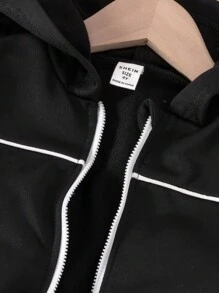 SHEIN Playful Pals 2 件幼儿男童连帽衫套装，秋冬新款长袖连帽卫衣和裤子套装，黑色连帽白色撞色拉链卫衣和黑色裤子，舒适休闲装适合日常穿着，兄弟姐妹套装 - 黑色 - 查看 7