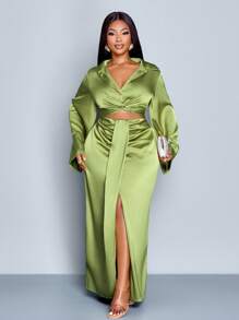 SOLERSUN 大码秋冬新款亮面缎面纯色衬衫领蝴蝶结荷叶边喇叭袖短款上衣搭配褶裥侧开衩直筒裙两件套，优雅商务休闲性感日常音乐会嘉年华毕业派对时尚女装