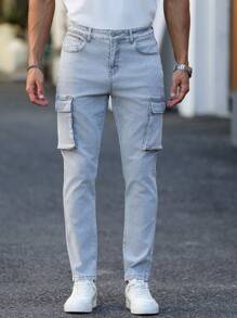 Manfinity Homme 男士街头时尚休闲多口袋紧身灰色牛仔裤 - 灰色 - 查看 7