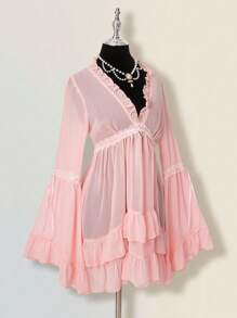 SHEIN ICON 层叠荷叶边 V 领蕾丝边喇叭袖迷你连衣裙 - 粉色 - 查看 4