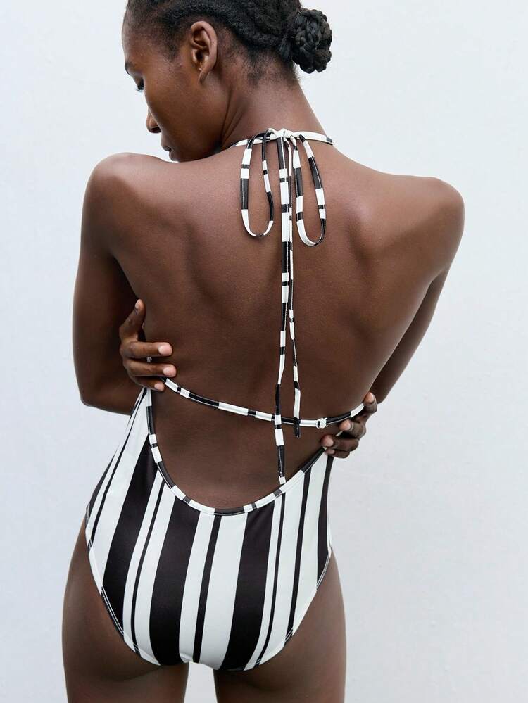 SHEIN Maija Women's Black And White Striped Backless Tied Neck Bodysuit, Sexy & Fashionable Minimalist Style, Comfortable For Resort, Beach Essential Summer Outfits For Women Rompers For Women Summer Clothes For Women