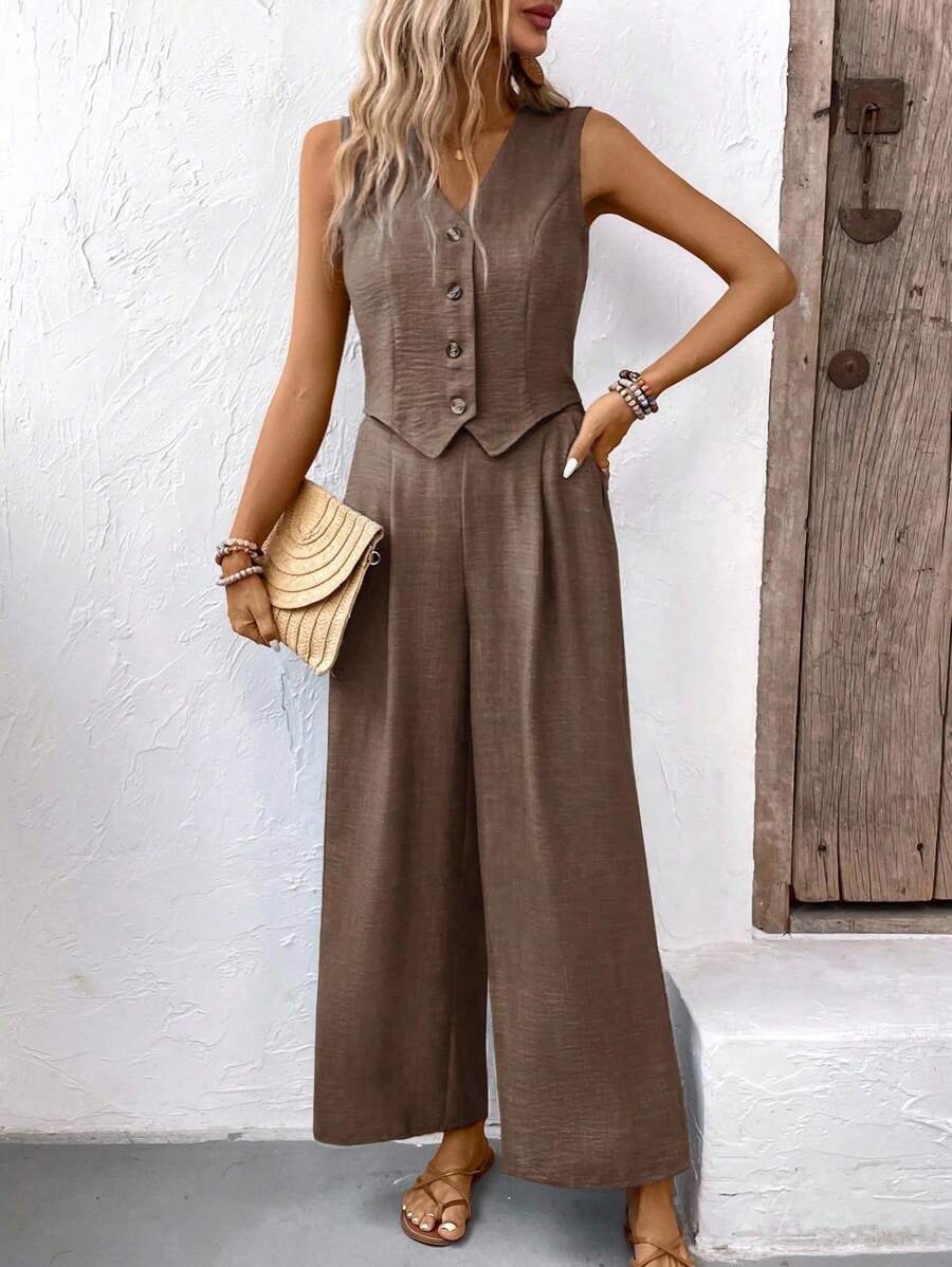 SHEIN PETITE Bộ 2 áo vest và quần dài màu trơn thường ngày dành cho nữ, mùa hè - Cà phê nâu - Xem 1
