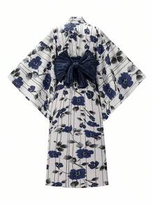 Irokai 日本女性传统花卉印花和服浴衣，夏季节日 - 藏蓝色 - 查看 2