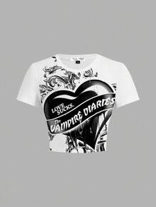 The Vampire Diaries X SHEIN Women's Casual Letter & Heart Print Round Neck Short Sleeve T-Shirt, Summer - White - View 5