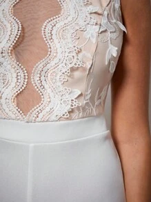 COSMINA Jumpsuits For Woman, Elegant Lace Patchwork Sheer Mesh Wide Leg Jumpsuit,Wedding Guest Jumpsuit - White - View 6