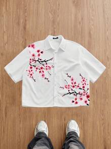 Manfinity Joysei 日式樱花印花休闲男士短袖 Polo 衫，常规版型 - 白色 - 查看 1