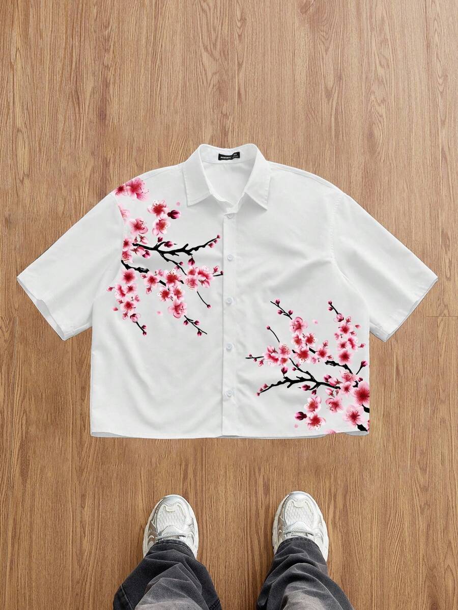 Manfinity Joysei 日式樱花印花休闲男士短袖 Polo 衫，常规版型 - 白色 - 查看 1