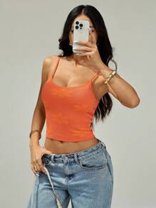 SHEIN PETITE 女士休闲度假短款橙色吊带背心 - 橘色 - 查看 6