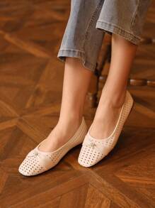 Rosivie 2025 Summer New French Square Toe Hollow Floral Diamond Fashionable Low Vamp Slip-On Shoes, Apricot, Breathable, Versatile Commuter Soft & Comfortable Flats For Women - Apricot - View 8