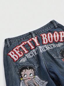 Betty Boop | ROMWE Quần jean ống rộng thêu họa tiết Betty Angel phong cách đường phố cổ điển Y2K cỡ lớn - Màu xanh lam - Xem 3