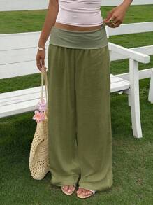 SHEIN EZwear Women's Casual Army Green Low-Rise Wide Leg Pants - Army Green - View 6