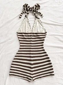 Soleia Women's Vacation Red & White Striped Knit Textured Deep V Neck Tie Front Jumpsuit, Slim Fit, Suitable For Party, Valentine's Day, Date, Layering, Christmas, Beach, Cruise, Festival, Easter, Boho Vacation Knitted Playsuit Beach Playsuit Vacation Outfit - Multicolor - View 2