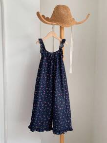 Dazy Kids 年轻女孩夏季休闲碎花连体裤 - 深色水洗藍 - 查看 1