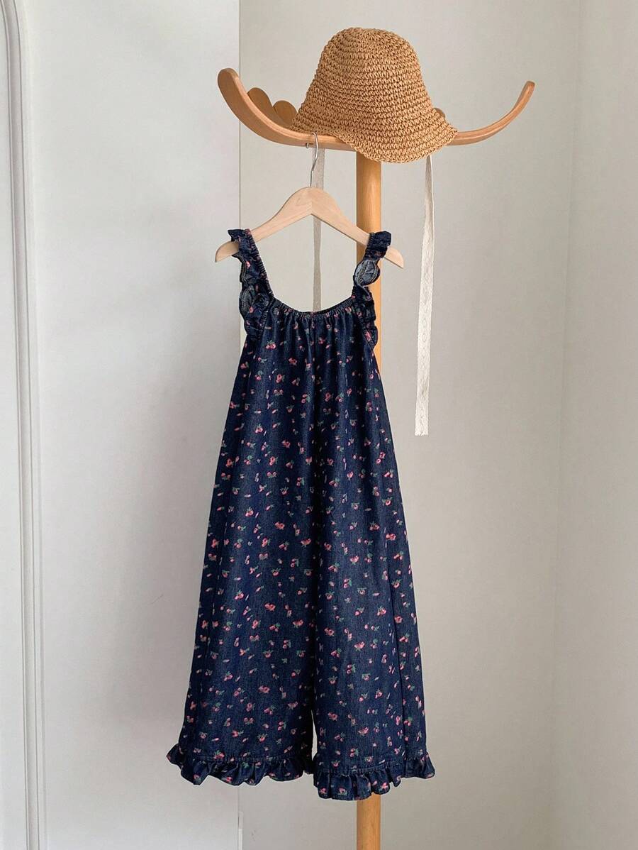 Dazy Kids 年轻女孩夏季休闲碎花连体裤 - 深色水洗藍 - 查看 1