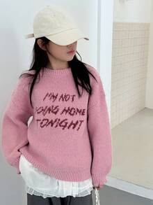DAZY 青少年女孩字母图案落肩长袖圆领毛衣，秋季服装 - 粉色 - 查看 4