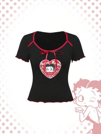 Betty Boop | ROMWE Camiseta ajustada de mujer con estampado de Betty dulce y picante, decorada con lazo, estilo Y2K