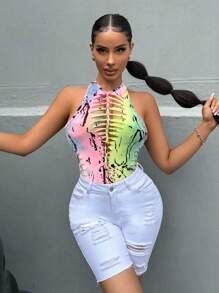 SHEIN SXY 街头夏季休闲女装夏季扎染镂空性感无袖挂脖连体衣 - 藍色 - 查看 3