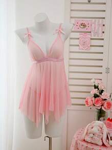 SHEIN French Pink Sheer Babydoll With Spaghetti Straps For Women - Pink - View 6