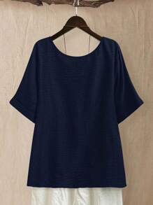 Linhara 大码女式圆领休闲/日常/户外/简约/度假纹理草绿色套头衫，春夏 - 藏蓝色 - 查看 2