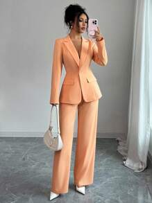 Elenzga Elegant Commuter Elegant Fashion, Lapel Shoulder Long Sleeve Ripped Cinched Waist Linen Woven Fabric Women Jacket, Pleated Long Pants Women Suit Set Fall Cloth For Women