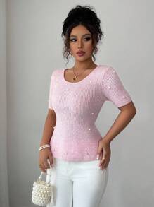 Elenzga Nouveau arrivage Top tricoté à manches courtes avec design mode à clous polyvalent pour femmes, style fille douce pour rendez-vous, automne hiver - Rose bonbon - Voir 4