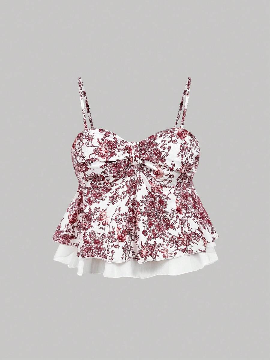 SHEIN MOD 女士红白花卉印花荷叶边下摆吊带背心