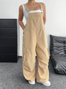 POPSWAY Plus Size Women Casual Khaki Solid Color Adjustable Strap Jumpsuit, Street Fashion & College Style - Khaki - View 4