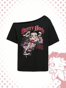 Betty Boop | ROMWE Sexy Cartoon Figure Graphic Black Asymmetrical Neck Women T-Shirt - Black - View 1