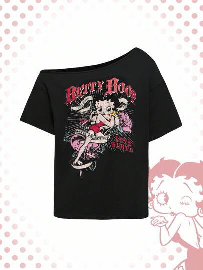 Betty Boop | ROMWE Maglietta da donna con grafica asimmetrica al collo e figura di cartone animato sexy in nero