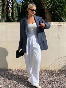 DAZY 女士宽松长袖口袋翻领休闲西装外套，秋季女装商务装 - 灰色 - 查看 6