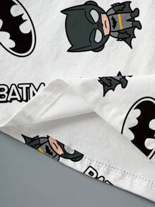 BATMAN X SHEIN 男童休闲蝙蝠与卡通图案圆领短袖T恤，夏季 - 白色 - 查看 6
