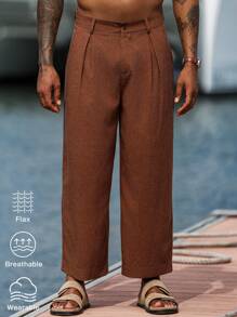 Manfinity Homme Quần ống đứng xếp ly rộng rãi màu trơn thường ngày cho nam - Cà phê nâu - Xem 5