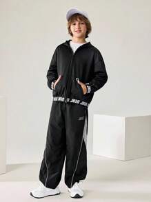 JNSQ Back To School Clothes, Tween Girl And Boy Outdoor Casual Hooded Sweatshirt Jacket, 3M Reflective Letter Print Elastic Hem Hooded Sweatshirt Outerwear, Suitable For Autumn, Winter Daily Wear, Outdoor Activities, Vacation, Streetwear, Party And Leisure - Black - View 5