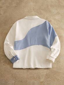 HIMLAND Áo khoác nhung kẻ cổ điển màu trắng xanh họa tiết chắp vá bất đối xứng dáng rộng rãi cho nam, tay dài, dáng rộng, thường ngày, dành cho mùa thu đông - Xanh và trắng - Xem 2