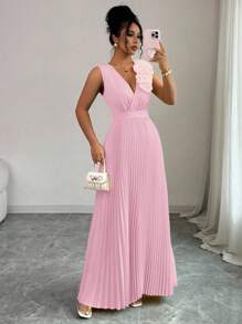 Elenzga Summer Cream Yellow V-Neck Waist Cinched Floral Patchwork Elegant A-Line Dress For Women