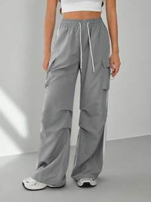 SHEIN Tall Women's Summer Streetwear Sport Basic Flap Pocket Side Drawstring Waist Parachute Grey Cargo Pants