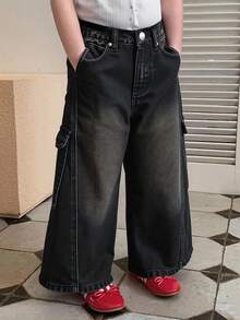 DAZY Young Girl Casual Washed Wide Leg Cargo Jeans - Black - View 5
