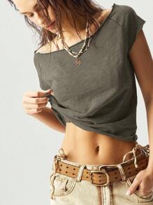 Bohemela Maglietta da donna a collo a barca in maglia tinta unita, aderente, lavata, top spalle scoperte, top spalle scoperte, top color cachi, top color terra, abbigliamento da donna color terra, top spalle scoperte