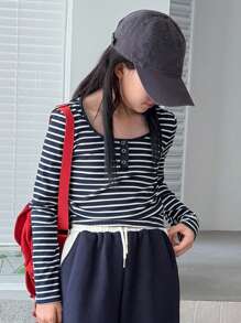 Dazy Kids 女童条纹圆领长袖T恤