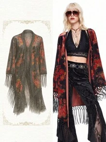 ROMWE Women Casual Vintage Floral Pattern Tassel Decor Hippie Cover Up, Long Sleeve