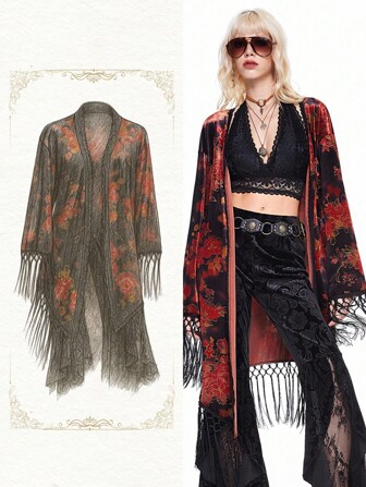 Hippie cache-maillot style hippie pour femme, à manches longues, motif floral vintage décontracté avec ornements à franges