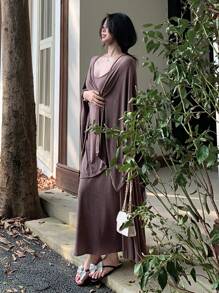 DAZY Women's Loose Casual Sleeveless Dress And Cover Up Set, Elegant Minimalist Style For Office, Vacation, Spring/Summer/Autumn - Brown - View 6