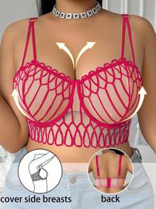 SHEIN 1 pieza Sujetador con aros y parches de malla para tallas grandes - Rosa Fucsia - Ver 5